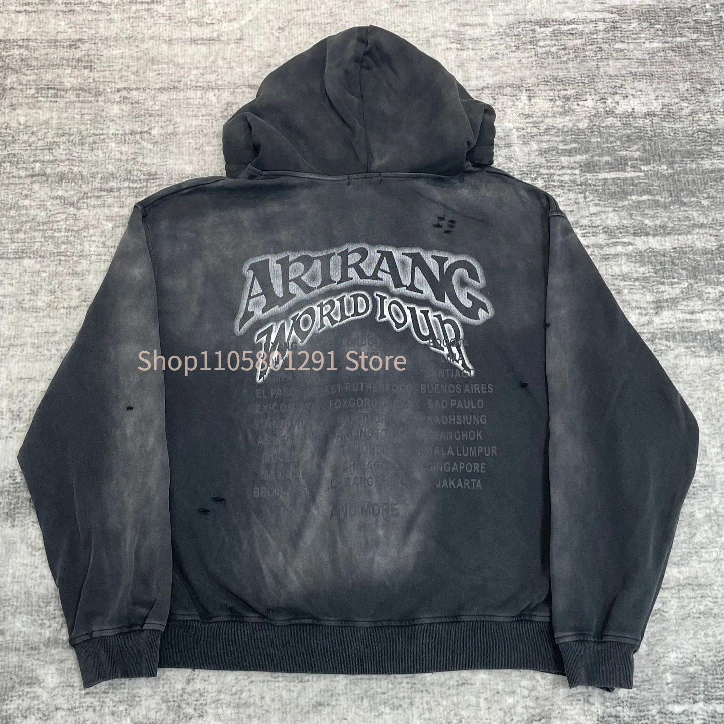 Retro Distressed Washed Full Zip Hoodie, ARIRANG Letter Embroidery Design,Pure Cotton Loose Casual Street‑Style Fan Outer Jacket