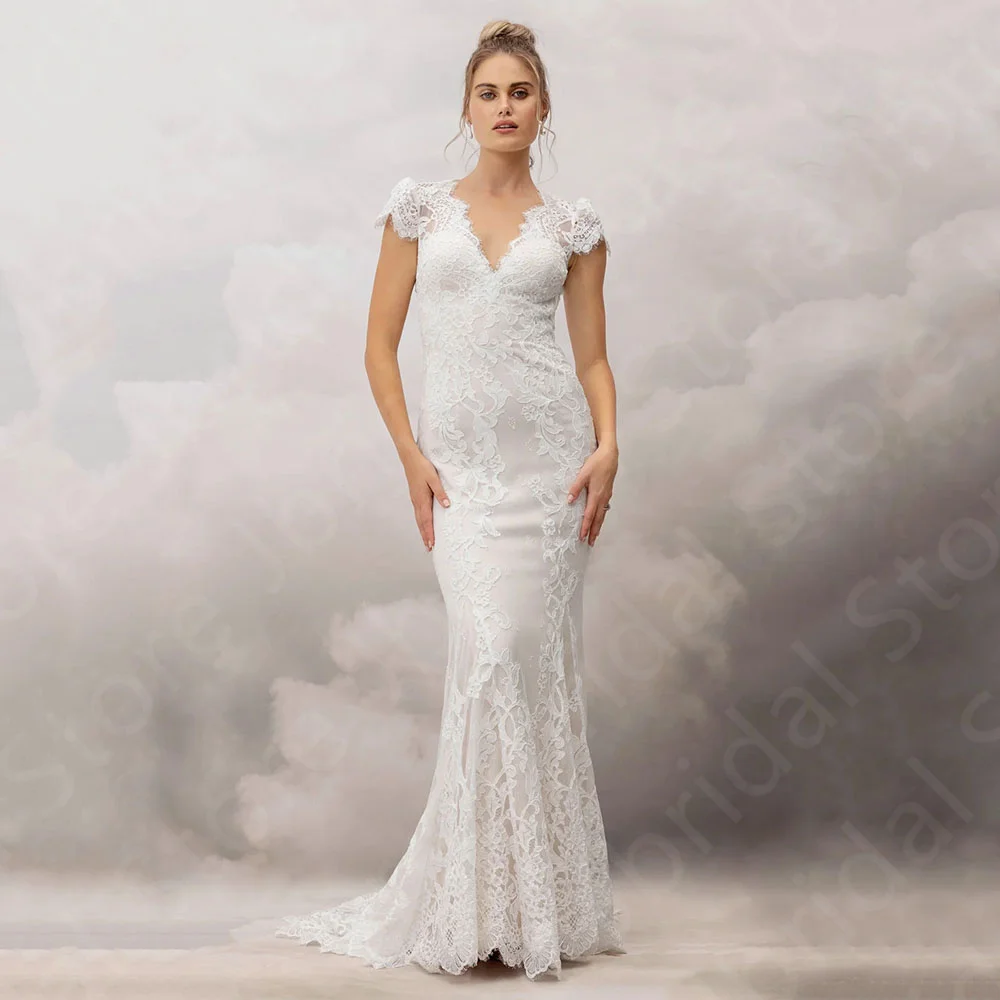 

Customized Classic Wedding Dresses Lace Bridal Gowns Mermaid Bride Dresses Cap Sleeves V Neckline Wedding Gowns 2025 Back Out