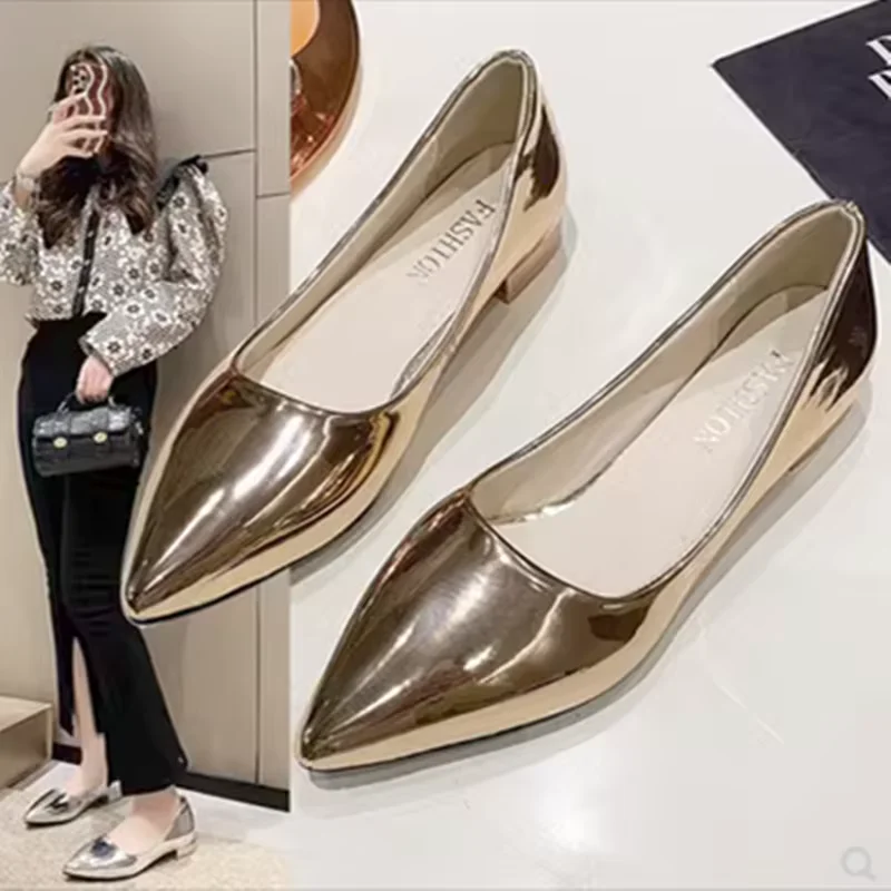 Vrouwen Goud Zilver Null Pumps Vierkante Hakken 2Cm Klassiekers Lage Cutter Goedkope Schoenen Lakleer Puntige Teen Slip-On Voor Jurk 28Cm 9