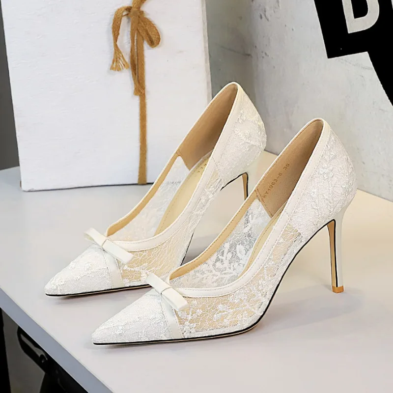 

Wedding Women Pumps Lace 9.5CM Thin High Heels Pointed Toe Butterfly Knot Shallow Mouth Women's Shoes Party Designer White