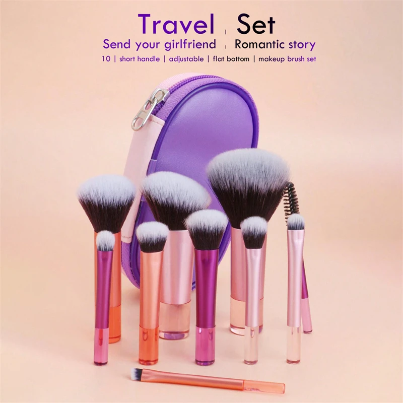 10 Pieces/Set Multi-colored short handle high resilience portable not shedding is more soild makeup brush and leather bag