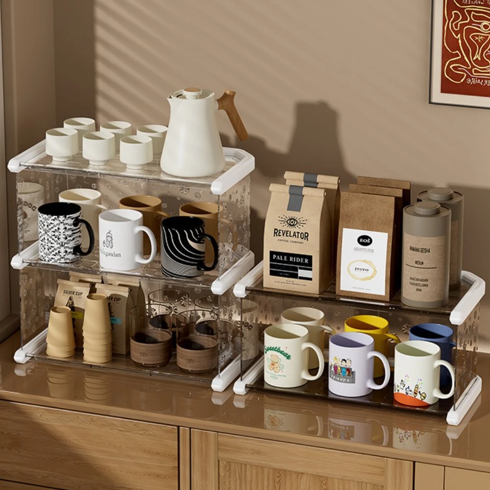 3 Layer Cup Storage Shelf Durable Plastic Shelf Large Capacity Home Table Tea Set Storage Ornament Stackable Kitchen Organizers