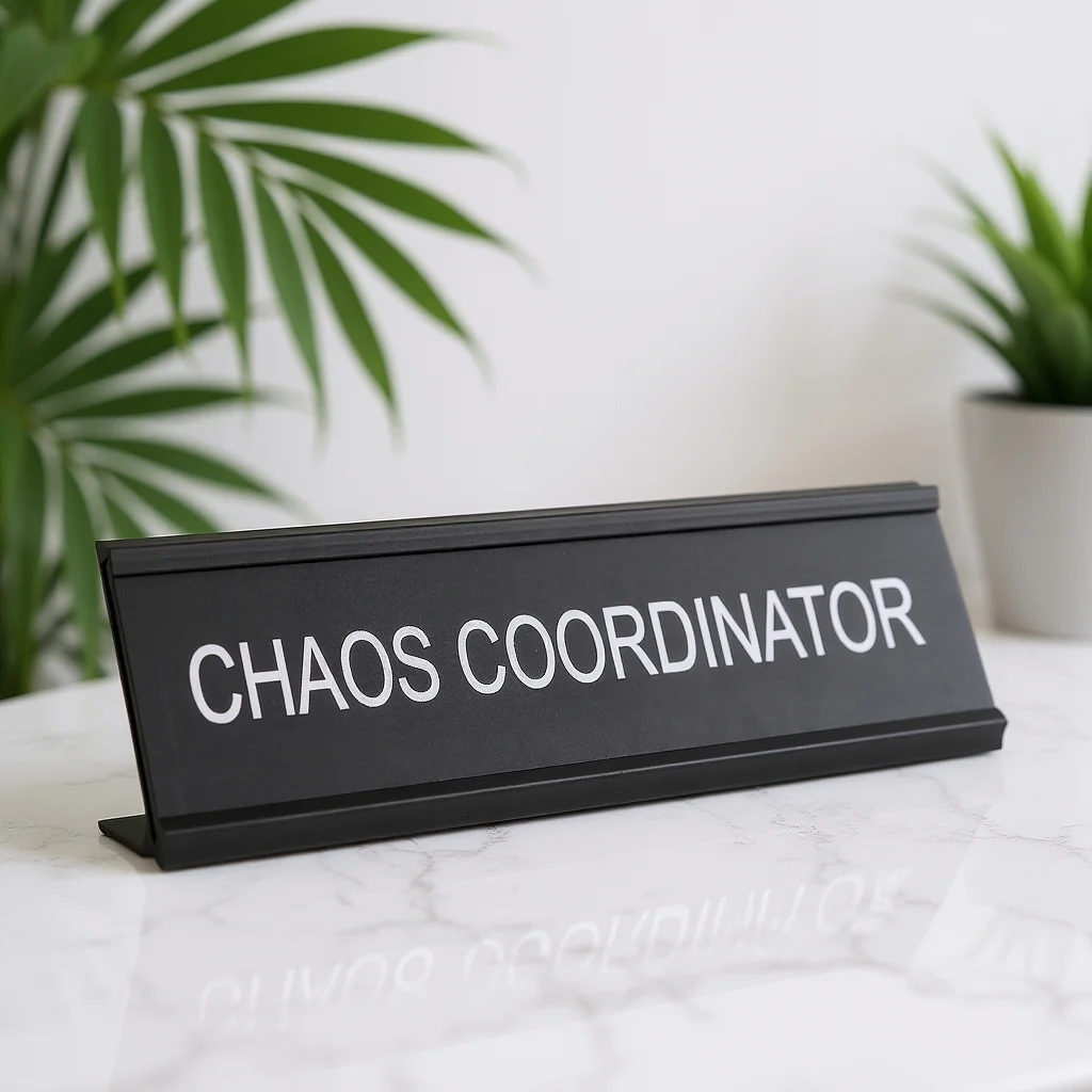 

Chaos Coordinator Name Plate L Shaped Aluminum Alloy Desk Sign for Office Home Deskplate Funny Office Decor Metal Sign
