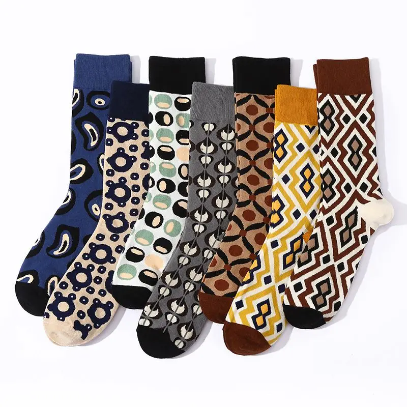 Men's Happy Retro Plaid Striped Socks Quality Geometric Pattern Diamond-Shaped Sports Socks Fashion Cotton Socks Christmas Gift