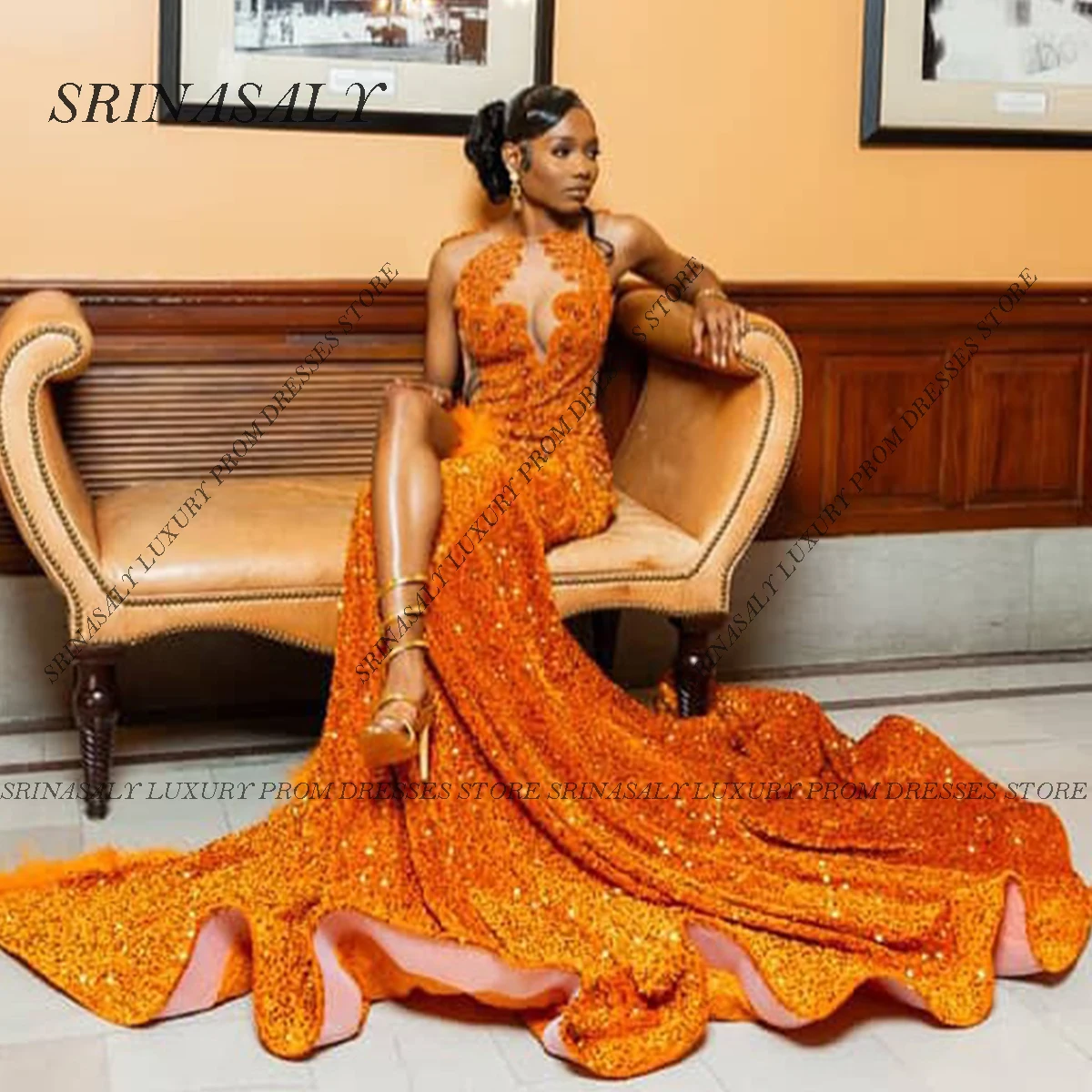 Vestidos de Noche de sirena de cristal con purpurina personalizados, bata de cumpleaños con cuentas de plumas, vestidos formales sin mangas con diamantes de gala