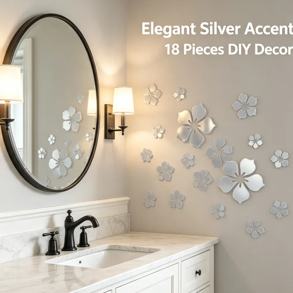 DIY Silver Mirror 3D Flower Wall Stickers, Acrylic Splicable Crystal Petal Wall Art, Self‑Adhesive Decorative Floral Wall Decals for Indoor Home Ornament, Total 18Pcs