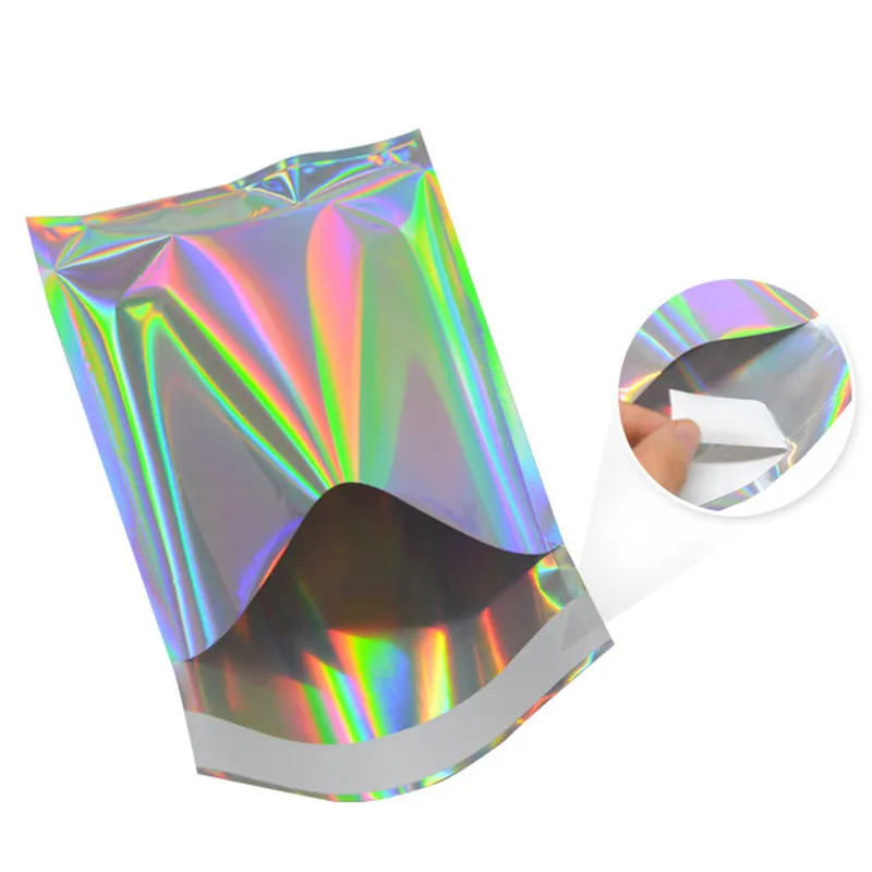 140Micron Aluminum Foil Holographic Self-adhesive Packaging Bag Rainbow Onaments Jewelry Phonecell Data Wire Mailer Gift Pouches