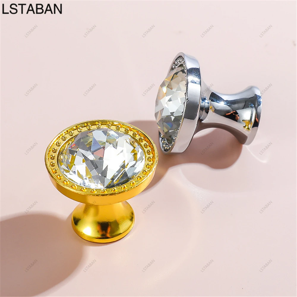 Luxury Round Single Hole Crystal Diamond Kitchen Cabinet Knob Gold Chrome Drawer Pull Wardrobe Cupboard Wine Furniture Handle