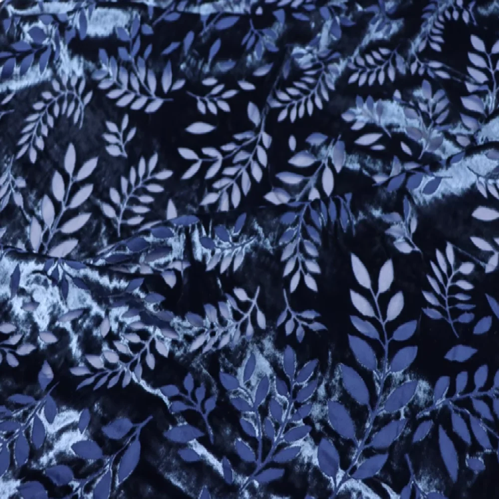 Increíble tela de terciopelo de seda suave elegante Floral de hoja azul marino oscuro para mujer suave vestido de fiesta de vacaciones blusa Casual