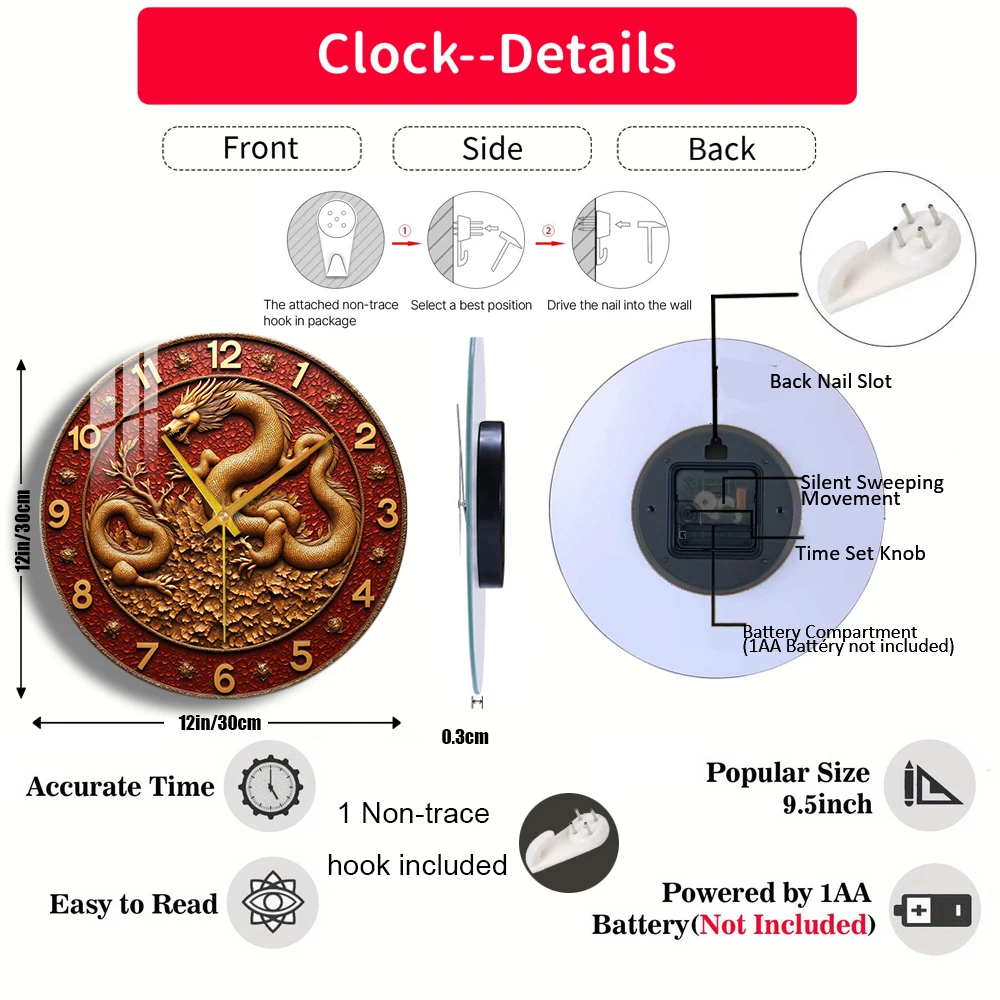 Tempered Glass Wall Clock Golden Dragon Clock Design Suitable For Wall Decor or Tabletop Display Anywhere