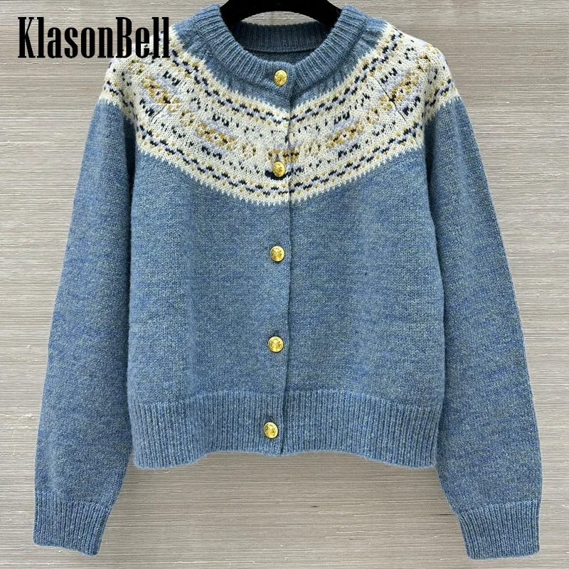 

9.28 KlasonBell Women Autumn Winter New Contrast Color Letter Print O-Neck Gold Button Cardigan Wool Knit Short Sleeve Sweater