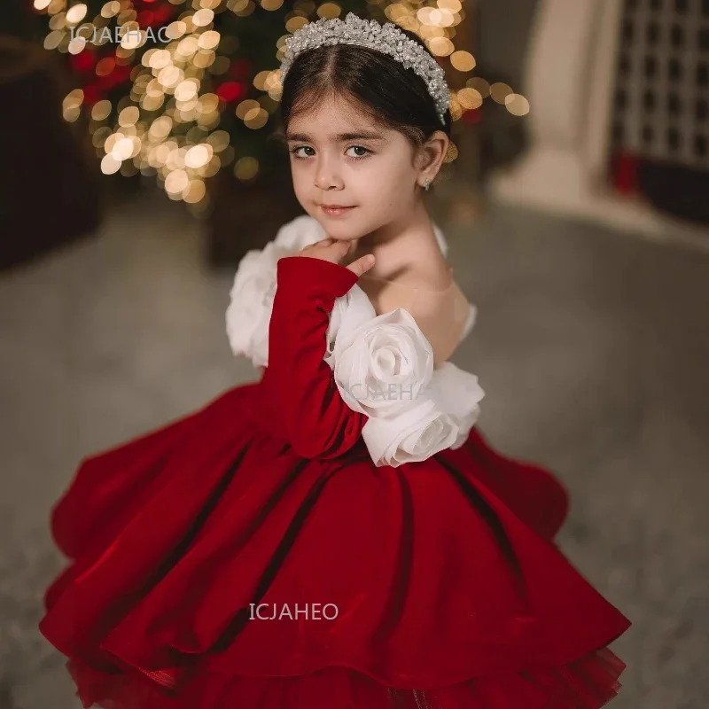 Wine Red Vintage Girls Princess Dress Puffy Gown Pageant Formal Evening New Year Christmas Eve Kids Birthday Party Host Fashion