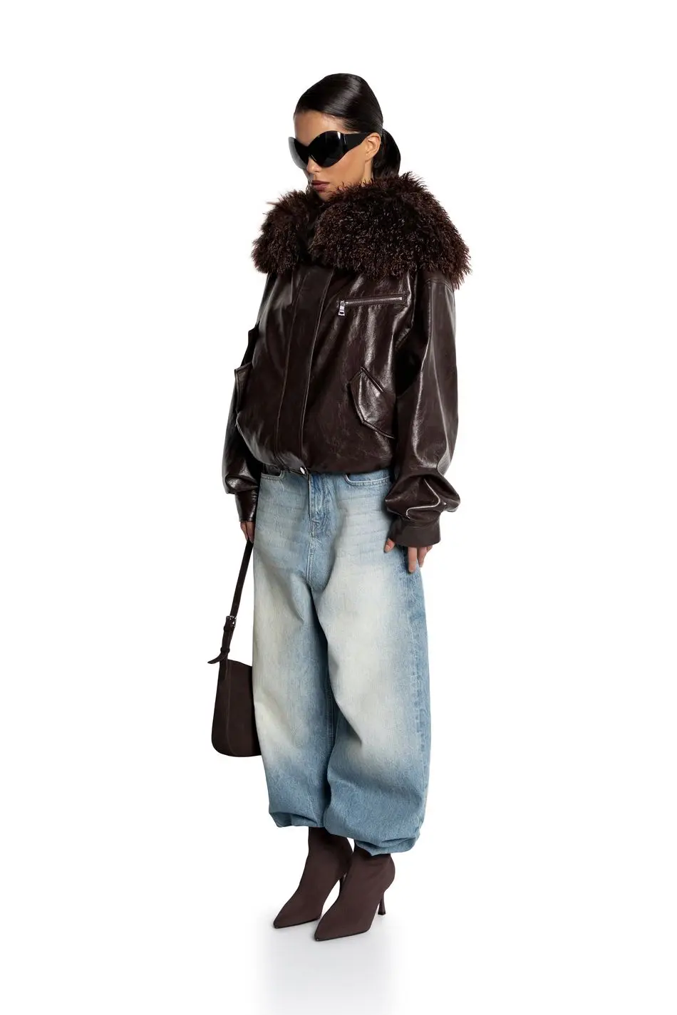 Laur 2026 Women Faux Leather Short Jacket With Fluffy Big Fur Collar Oversized Warm Winter Biker Coat For Ladies