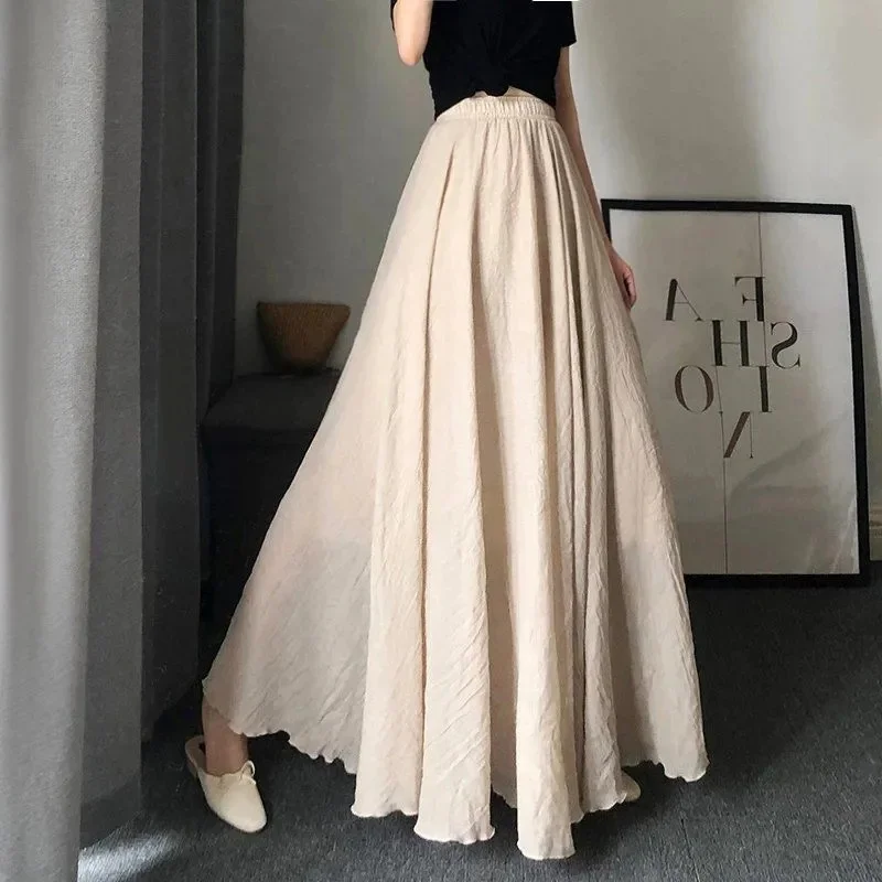 

Girl Literary Cotton Linen Dress Elastic Waist A-line Expansion Skirt Solid Color Ethnic Style Women Long Skirts