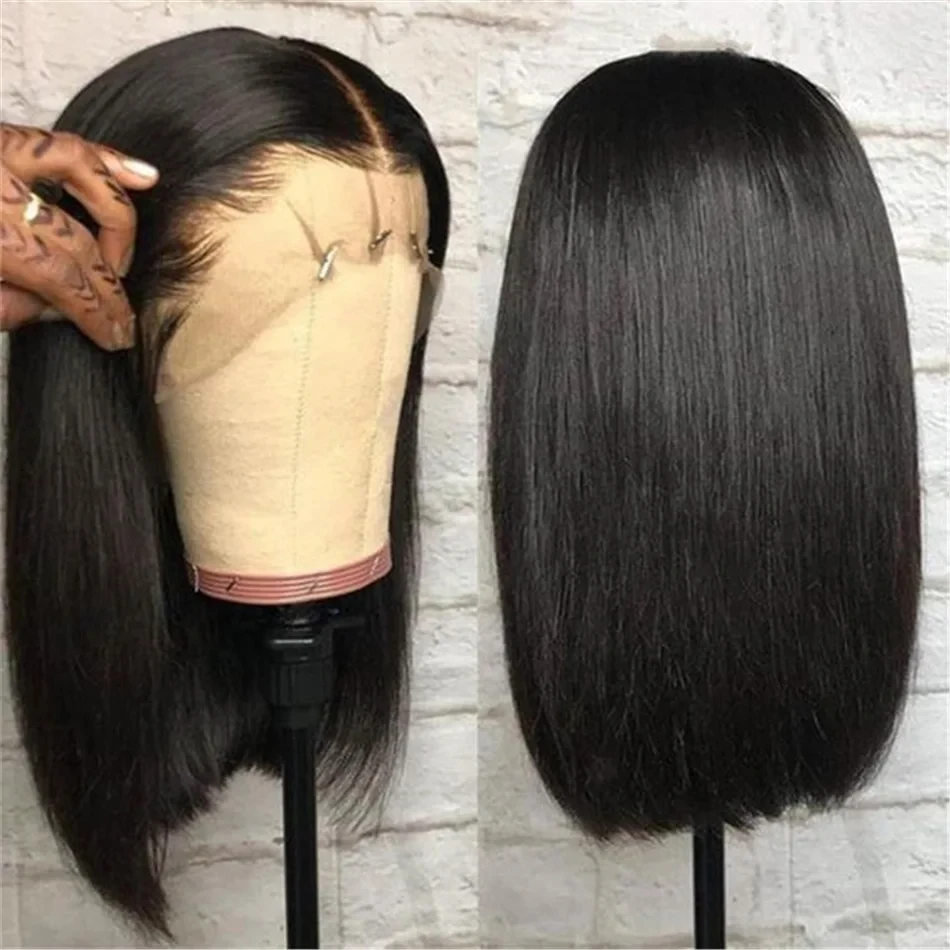 Wig Lurus Bob Pendek 100% Rambut Manusia 13X4 Wig Renda Depan Transparan dengan Kepadatan 200 Pra Pencabutan 4X4 Wig Renda Depan 12 14 Inci