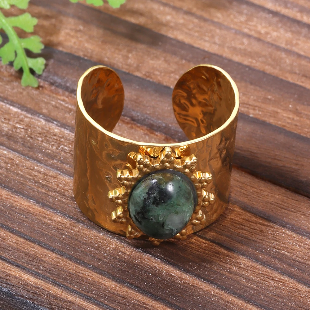 Fashion Geometric Wide Stainless Steel Rings for Women Accessories New Trendy Green Resin Gold Color Open Ring Party Jewelry