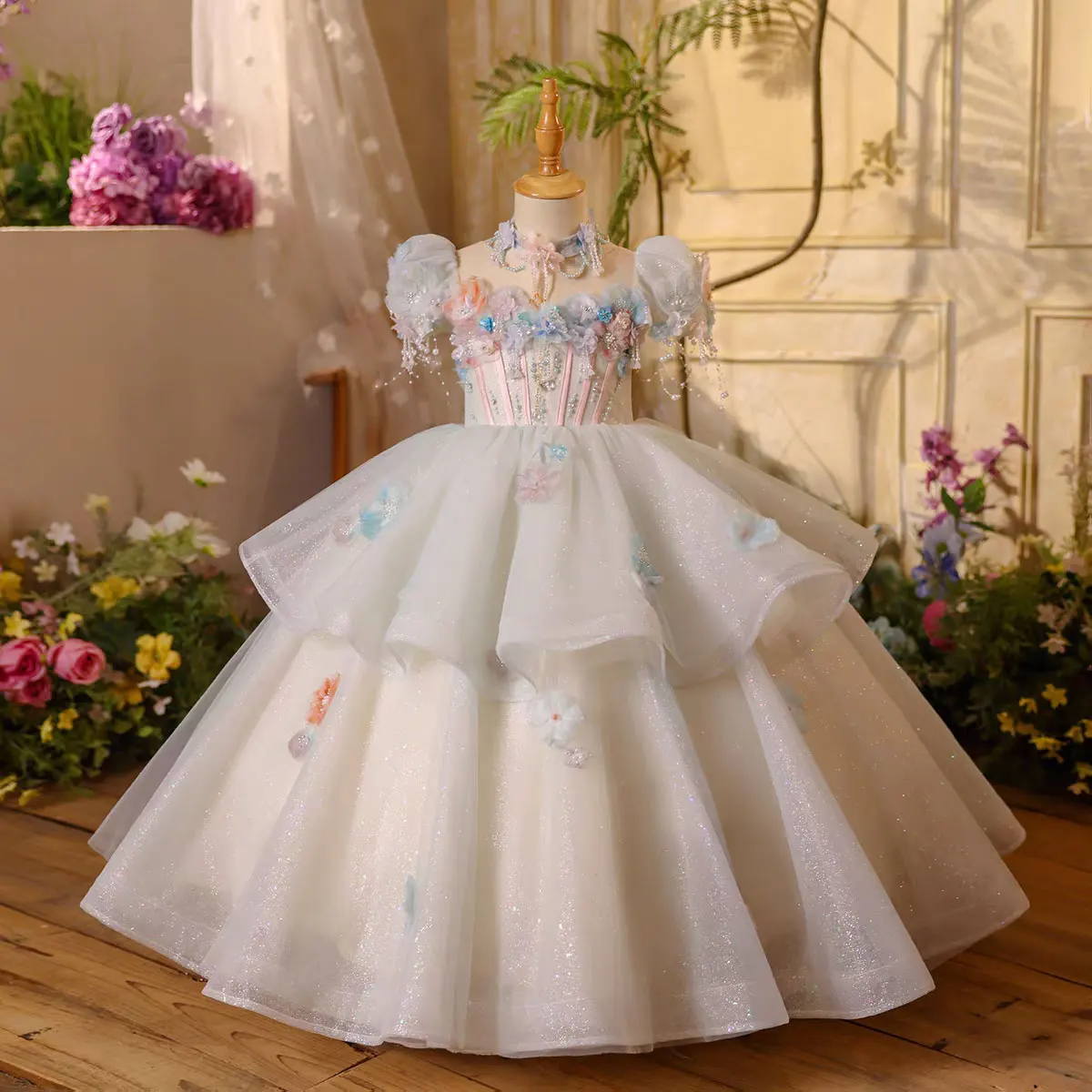 Jill Wish J604 Girls Sparkly Flower Girl Dress 3D Floral Appliques & Pearls Puff Sleeve Princess Ball Gown Tiered Glitter Tulle