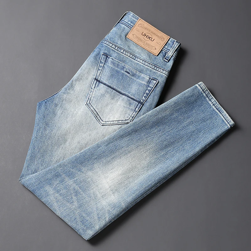 Fashion Trendy Men Jeans Retro Light Blue Plain Washed Trousers Elastic Slim Fit Ripped Jeans Men Vintage Designer Denim Pants