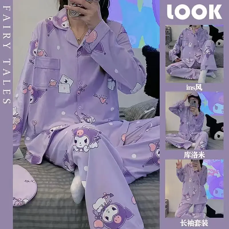 Sanrio Purple Kuromi Pajamas Women Spring Autumn New Cartoon Cinnamonroll Pajamas Cute Hello Kitty Clothes Long Sleeve Home Suit