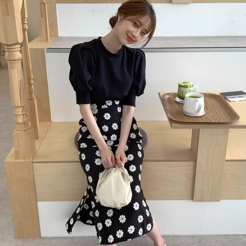 Vintage Black Daisy Skirt Korean Style Faldas Largas Long s Y2k Jupe Femme Elgeant Wrap Hip Fishtail Midi  Clothes New