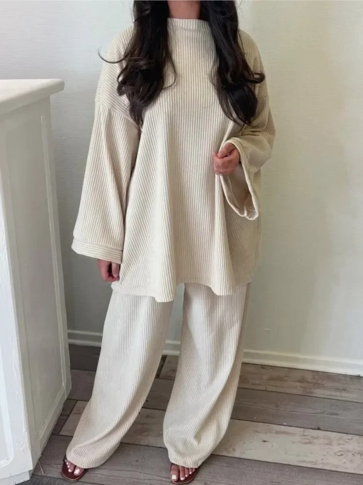 

Autumn Winter Solid Color Corduroy Pants Sets Women Loose Long Sleeve Wide Legs Trousers Two Piece Set Female Commuting Clothing