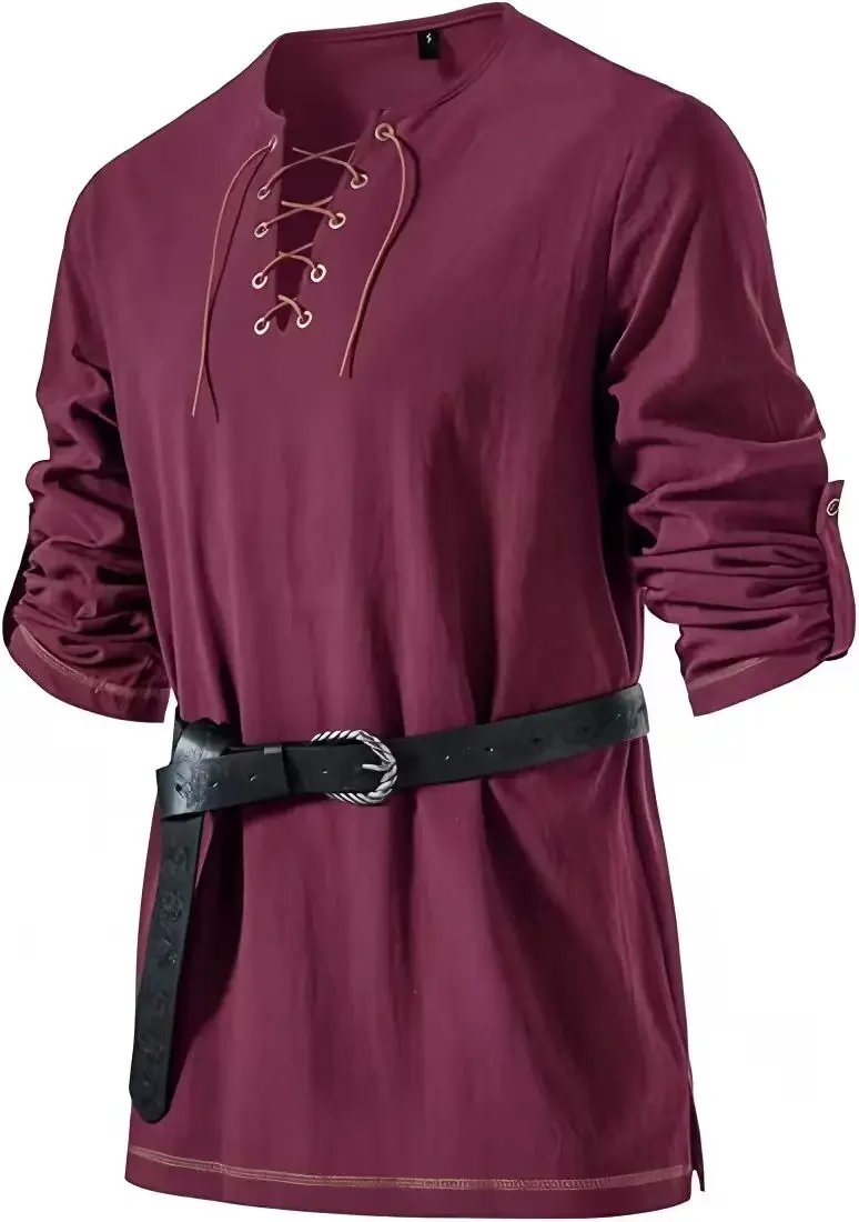 Mittelalterliches Schnürhemd für Herren mit Gürtel, langärmelig, Vintage-Piraten-Wikinger-Oberteil, Halloween-Cosplay-Kostüm, lässige Bluse – Detail 30