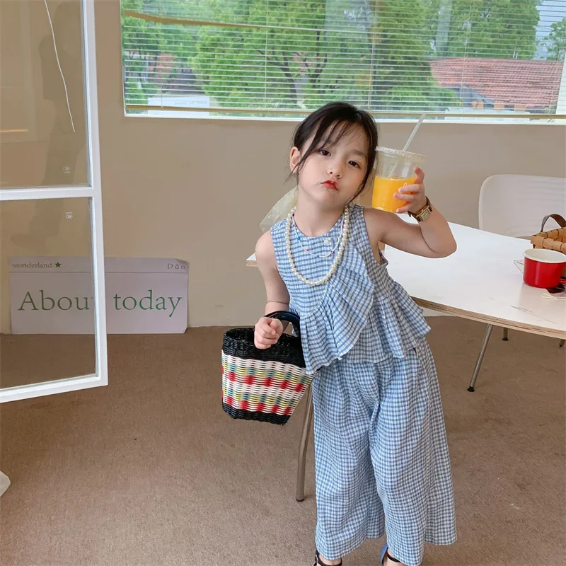 Children\' S Sets 2023 Summer Tops Sleeveless A-line Pullover Wide Leg Pants Elastic Waist Cotton Plaid Sweet Fashion Casual Girl