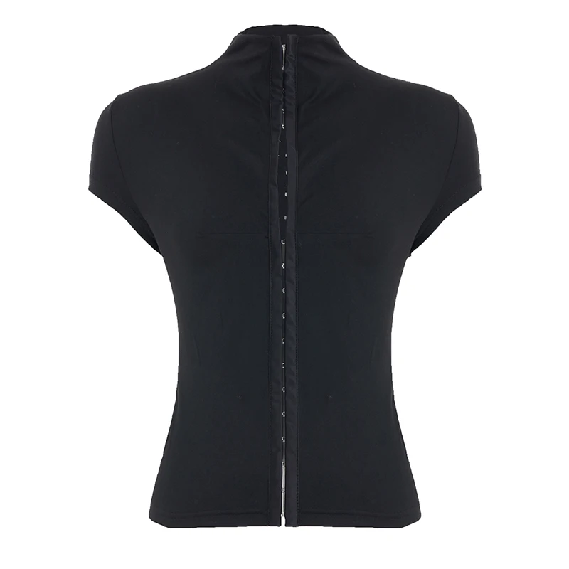 SUCHCUTE Y2K Slim T-Shirt mit Knopfleiste vorne, einfarbig, kurzärmelig, für Damen, zum Ausgehen, lässig, ästhetisches Crop-Top für den Sommer – Detail 4
