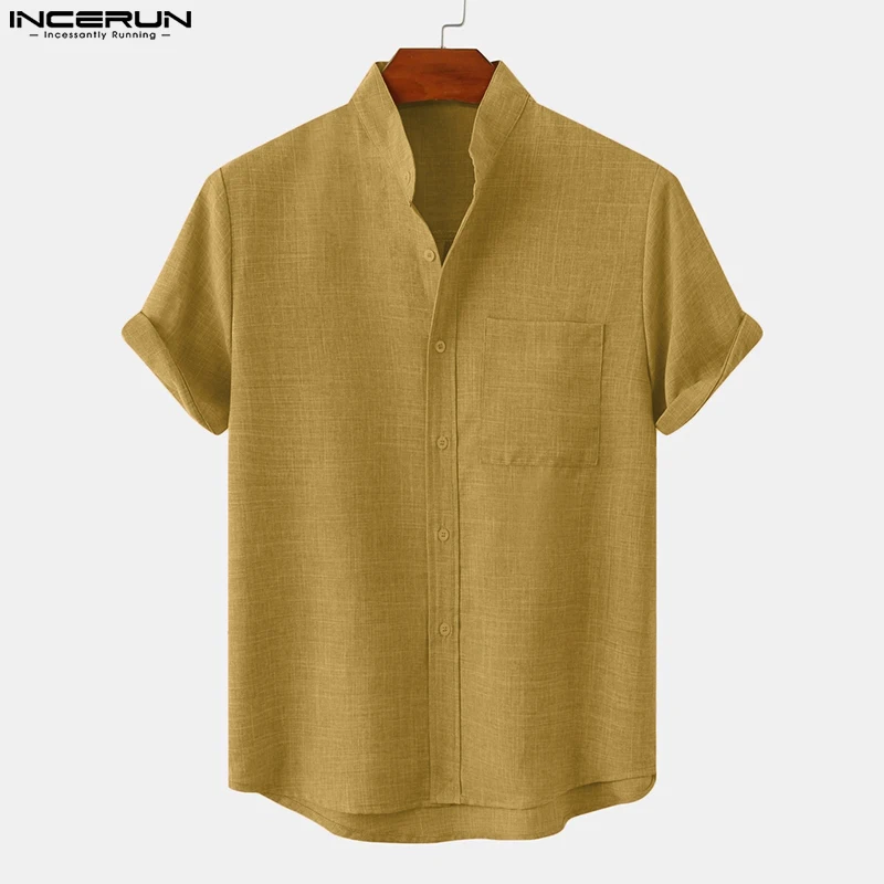 

INCERUN 2024 Men Shirt Solid Color Stand Collar Short Sleeve Streetwear Casual Men Clothing Summer Harajuku Leisure Shirts S-5XL