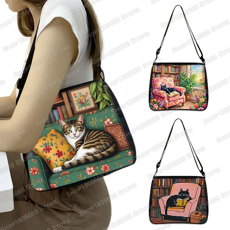 Oil Painting Cat Sitting Sofa Graphic Print Shoulder Bag Women Handbag Phone Holder Large Capacity Bags for Ladies Gift