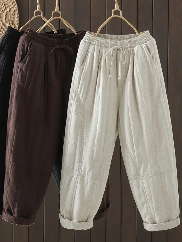 レトロな綿麻ハーランパンツ女性の冬暖かい Dstring 弾性ウエストスリムフィットパンツアウターウェア