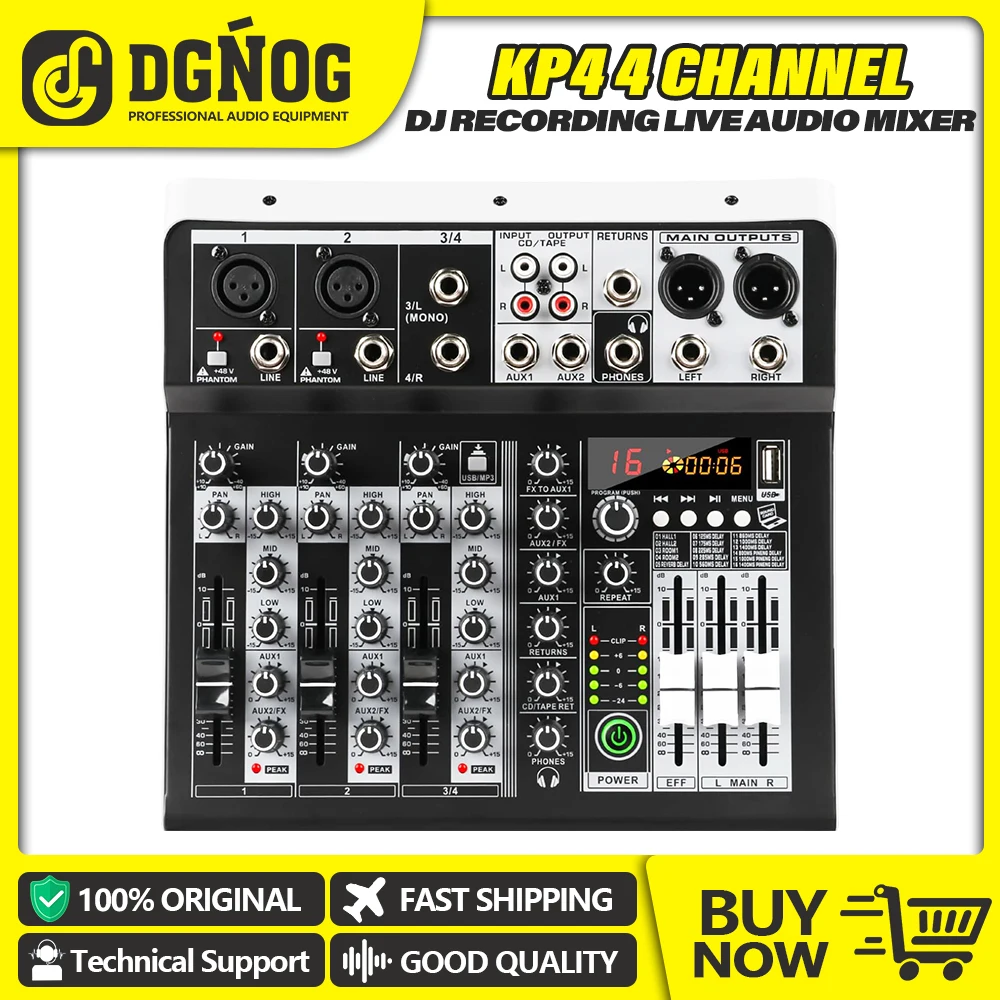 DGNOG KP4 4channel Audio Mixer 16 Bit DSP Effect USB Audio Interface Effect 48V Phantom Bluetooth for Home Studio Recording Live