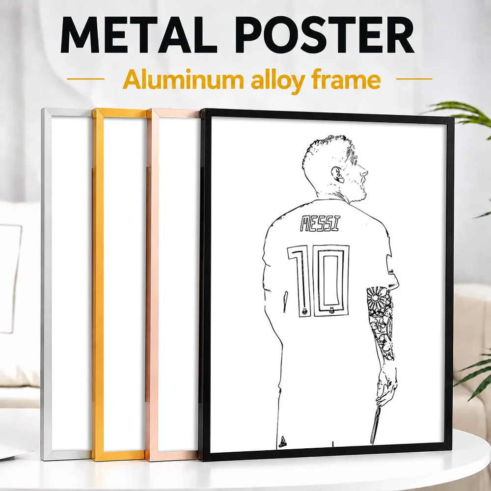 Lionel Messi Illustration Framed Aluminum Metal Poster Personalized Line Drawing Wall Art For Living Room, Football Fan Gift