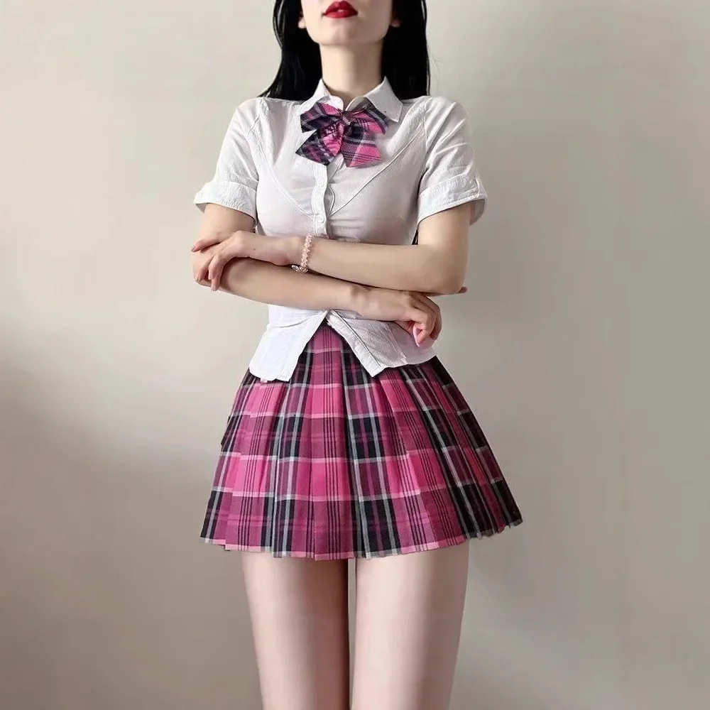 College Style Korean Jk School Uniform Set White Shirt Waist Cinched Plaid Pleated Mini Skirt Half Length Skirt Set