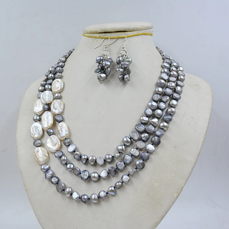 3-strand 8MM natural gray/white Baroque pearl necklace/earring set