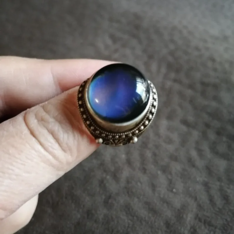Boho Ethnic Statement Ring Vintage Tibetan Silver Style Blue Cat Eye Round Cabochon Ornate Beaded Frame Ring 2
