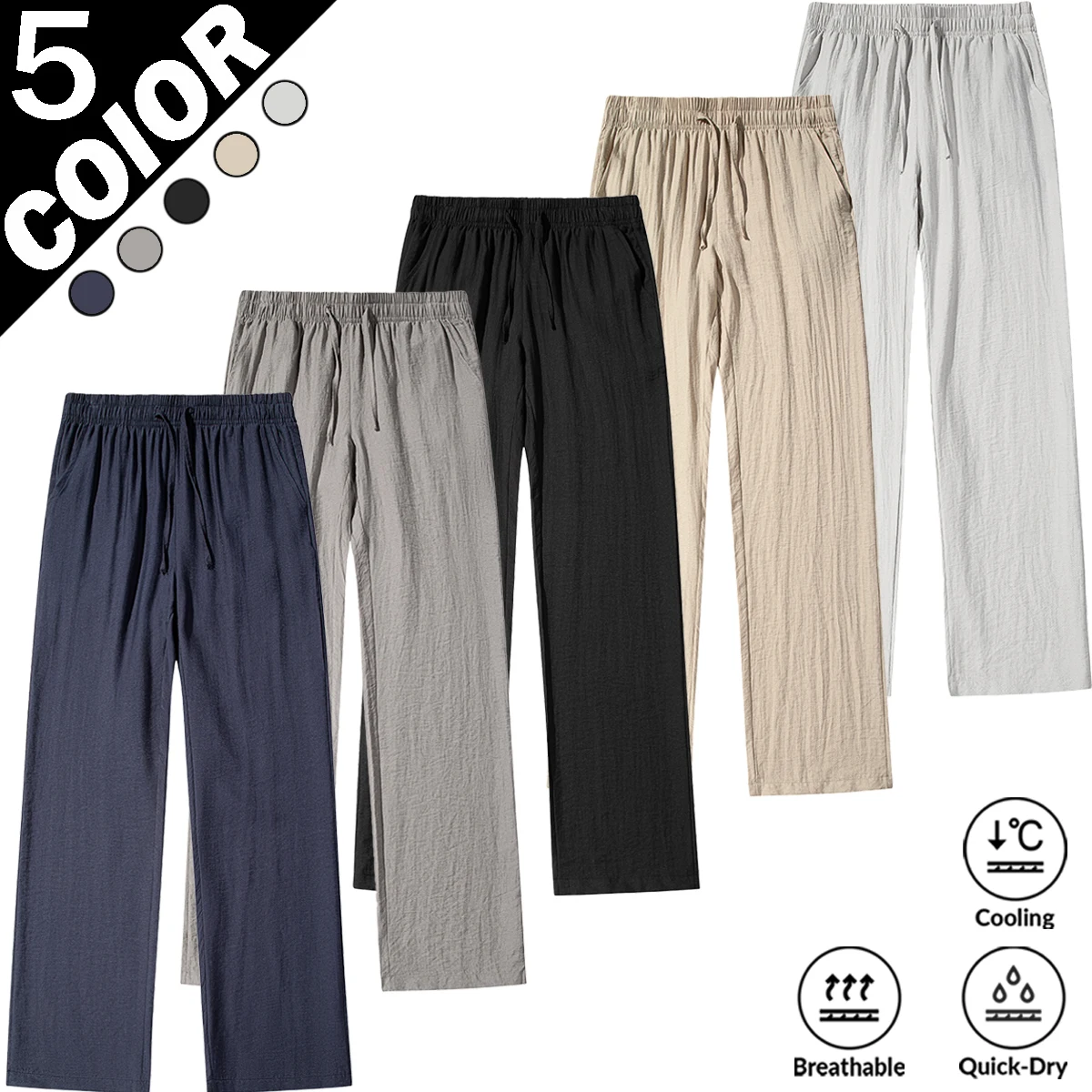 Men's Linen Blend Casual Pants Wrinkle Textured Drawstring Elastic Waist Loose Straight Lightweight Summer Beach Trousers