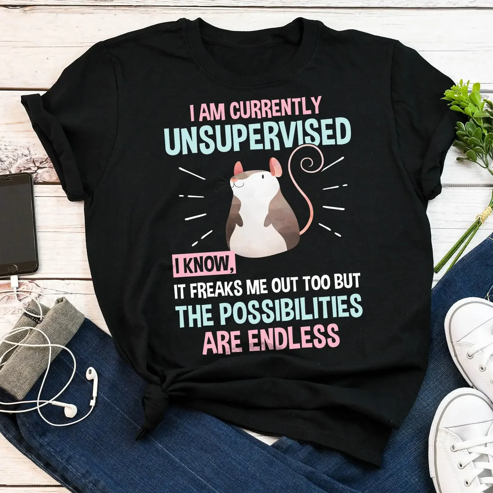Funny I Am Currently Unsupervised Rat T Shirt Cute Pet Lover Casual  for  vintage Washed Breathable Comfortable