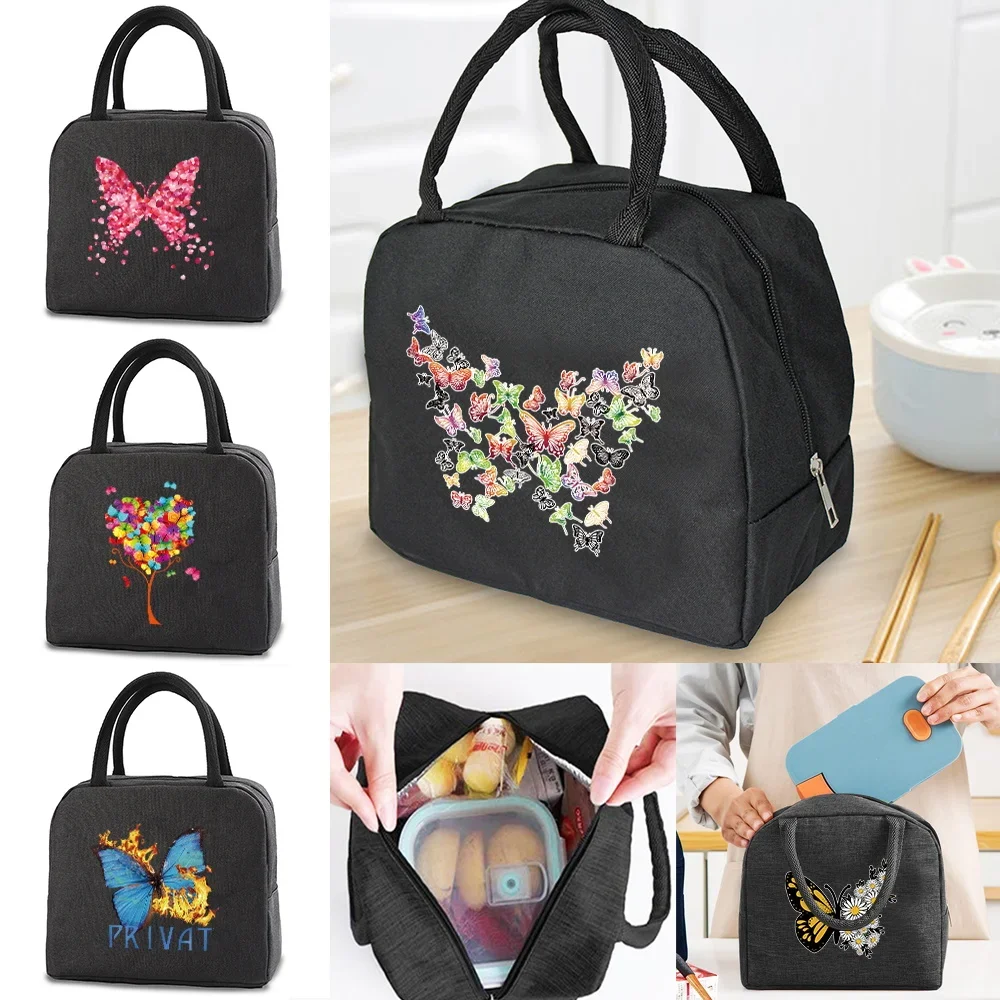 New Lunch Tote Bag Reinforced Handles and Smooth Zipper Wipeable Inner Lining Front Pocket Butterfly Pattern for Work and Picnic