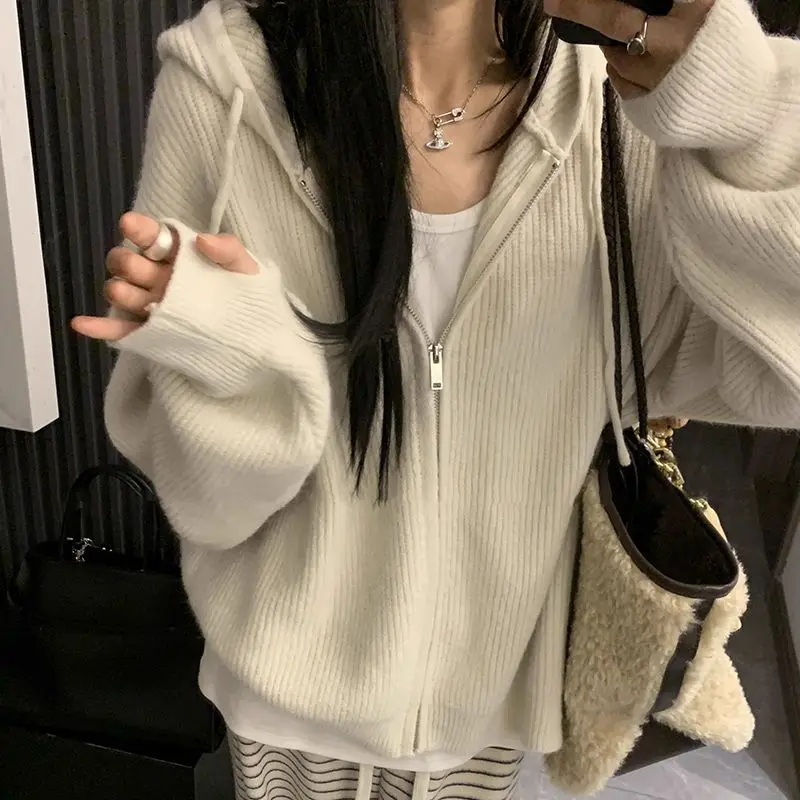 Korean Zipper Knitted Sweater Women's New Inner Wear Lazy New Feel Cardigan Hoodie Outerwear Polyester Casual Spring Autumn