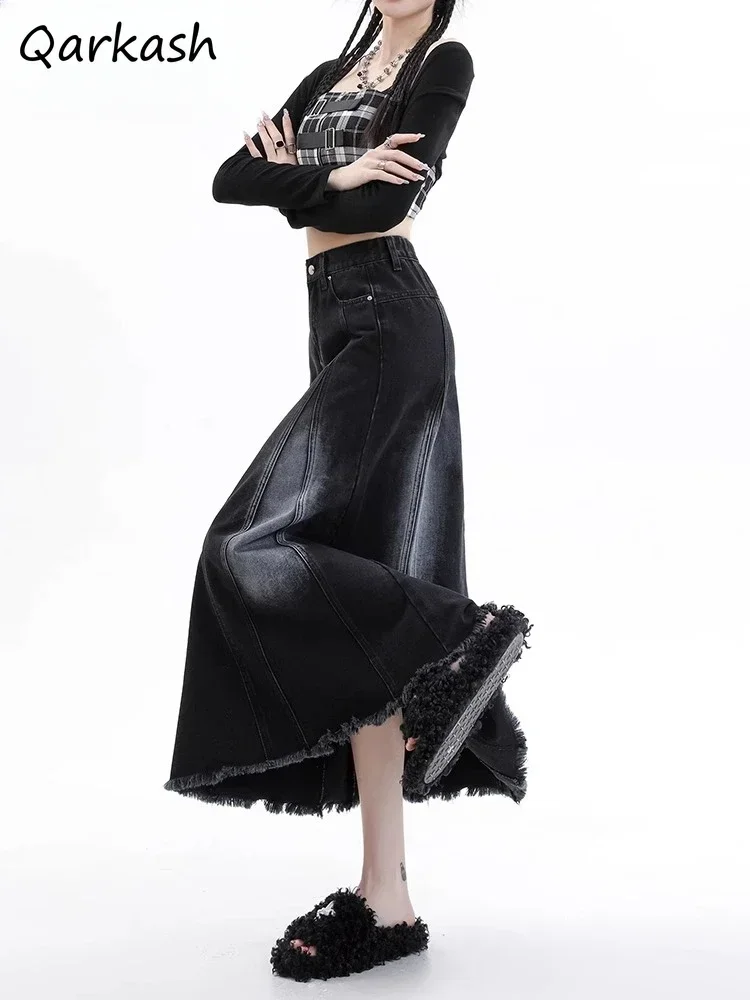 Denim Skirts Women Autumn New High Waist Slim Casual Mid-length Raw Edge Design Temperament OL Streetwear Aesthetic Prevalent