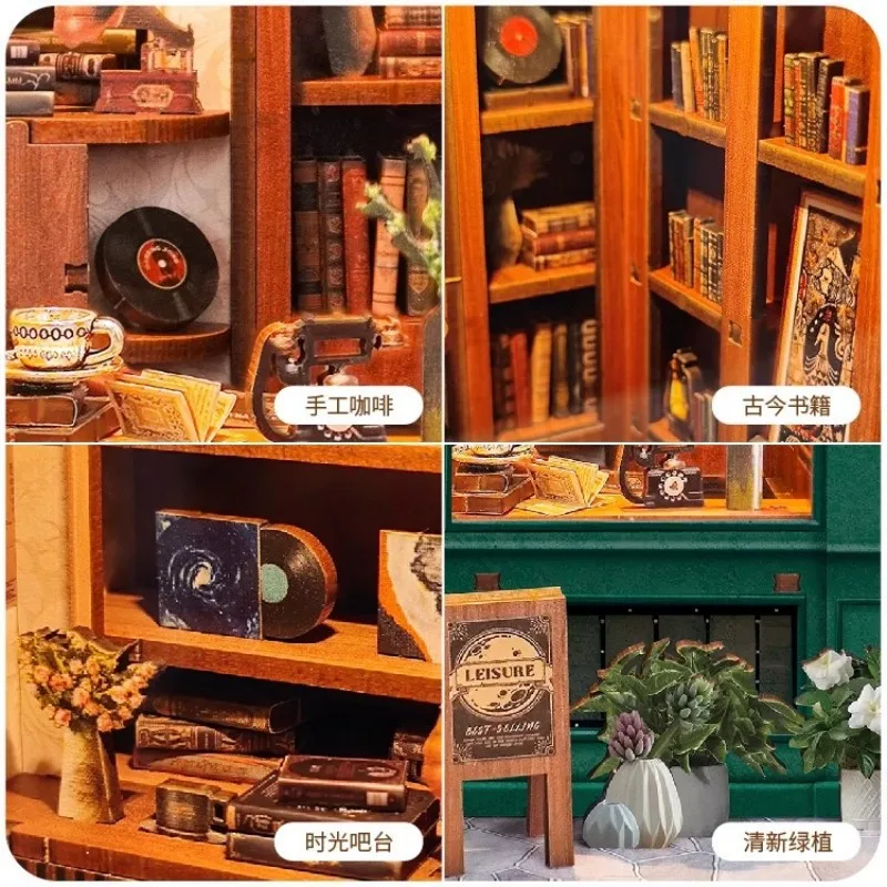 Ouzey 3d livro de madeira nook kit diy-inserto de estante de casa de bonecas em miniatura, cena de livraria retrô, presente criativo de decoração de casa