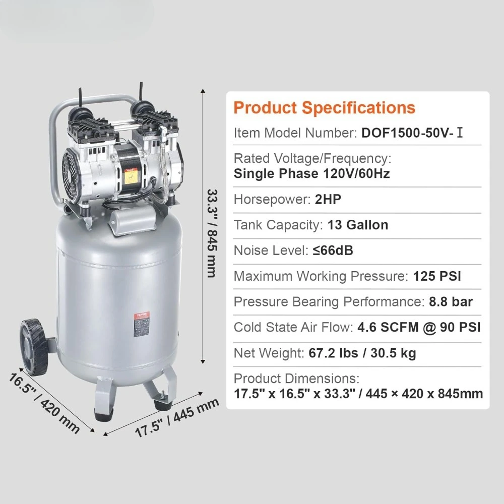 13 Gallon Air Compressor, 2HP 4.6 SCFM@90PSI Oil Free Air Compressor Tank with 125PSI Max Pressure, 66dB Ultra Quiet Compr