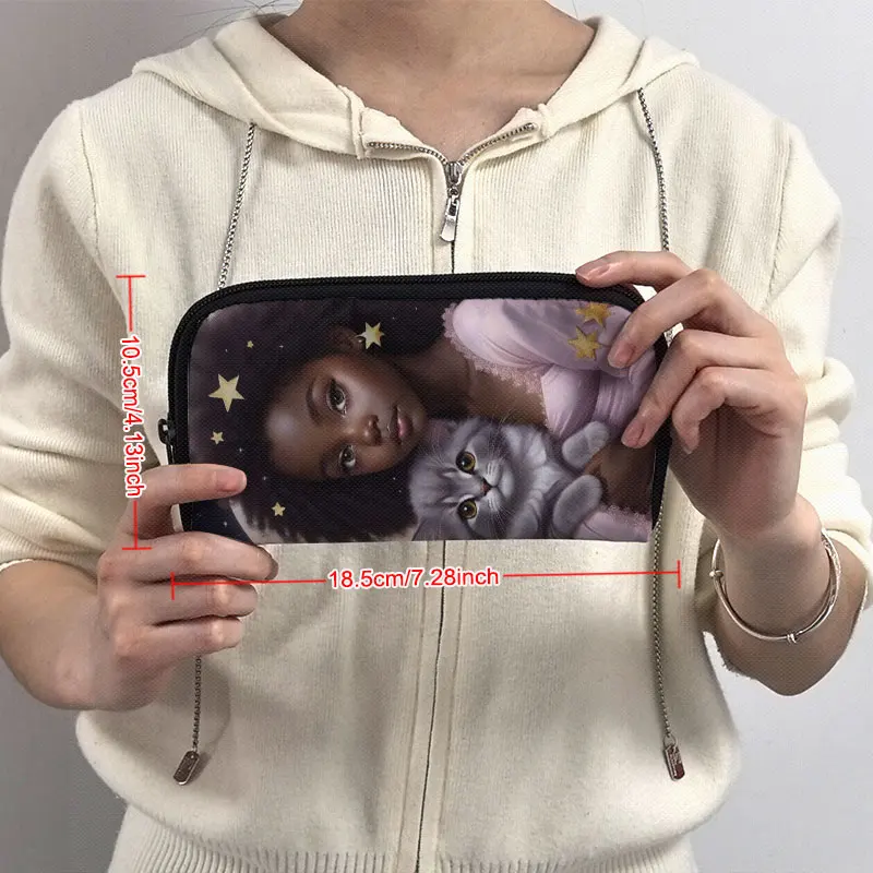 만화 공주 소녀 강아지 고양이 프린트 지갑, 아프리카 멜라닌 신용카드 홀더 지갑, 긴 보관 가방