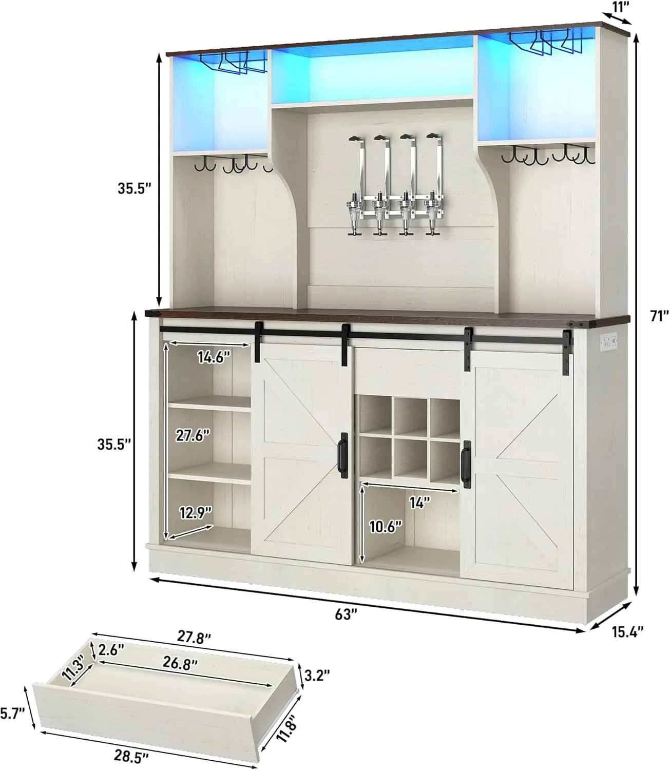 Farmhouse Coffee Bar Cabinet with LED Light, Charging Station & Sliding Barn Doors - 63