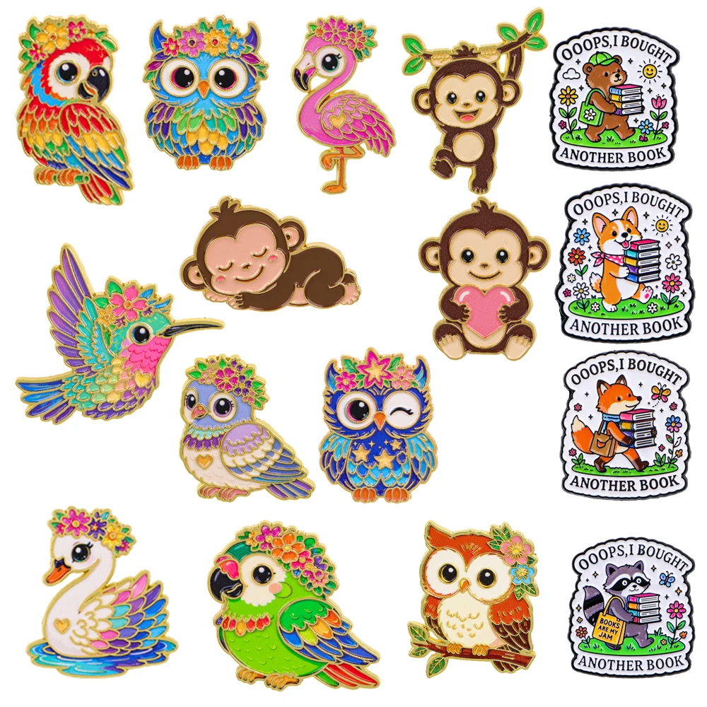 Mixed Floral Bird Monkey Book Animal Enamel Pins Cute Cartoon Lapel Brooch Gift for Wildlife & Book Lovers