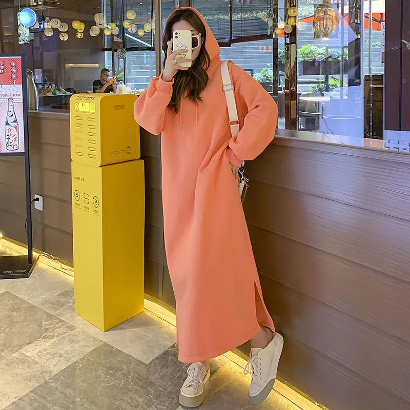 

Korean Fashion Dresses Autumn Winter New Women Solid Hooded Plus Velvet Long Sleeve Loose Ankle-Length A-line Sweatshirt Dress