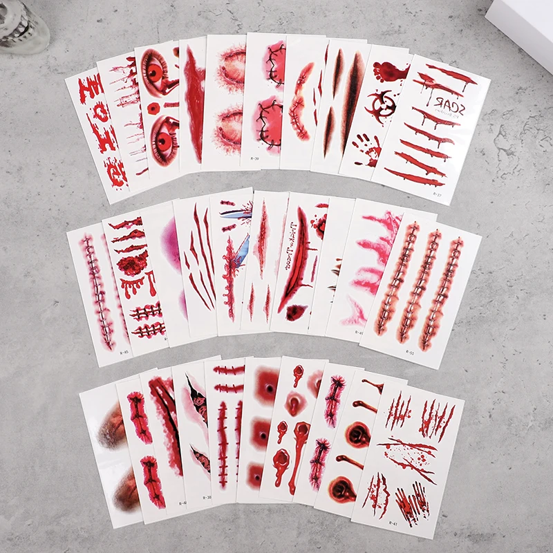 30 ورقة من ملصقات وشم الجرح الدموي للهالوين، وشم مؤقت مقاوم للماء، وديكور حفلات الهالوين، هدية للأطفال البالغين