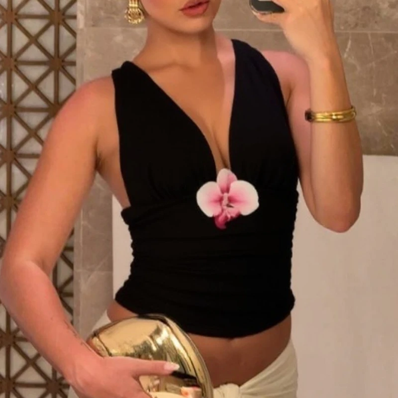 

Сексуальный топ на бретелях с глубоким V-образным вырезом и инкрустацией цветами, женский укороченный топ с поясом на талии и обнаженной талией, женский топ-труба, укороченный жилет