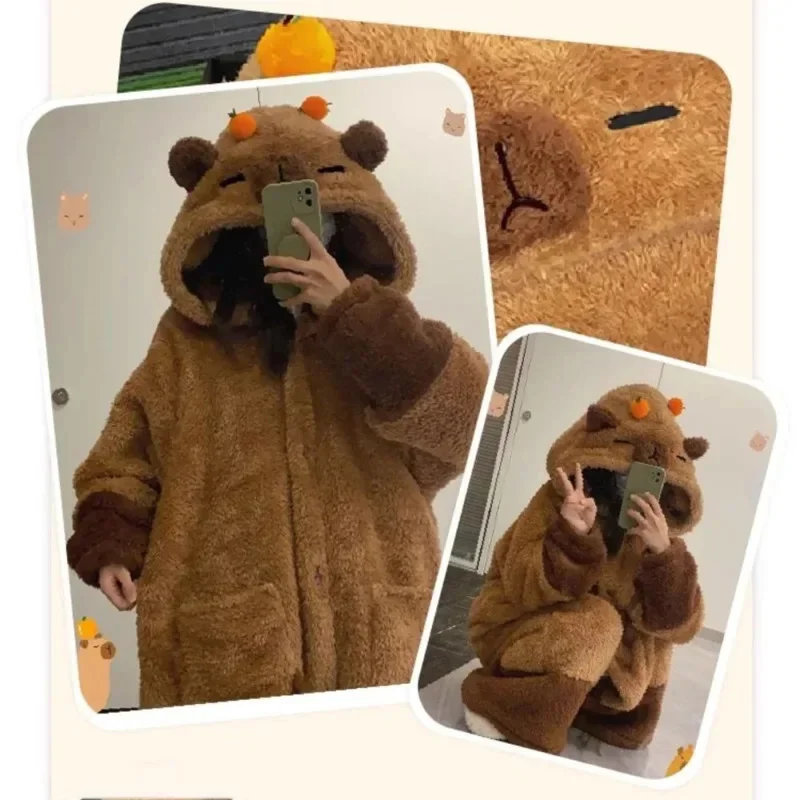 Cute Capibara Pajamas Pants Set Warm Winter Nightgown Coral Fleece Sleepwear Anime Adult Capybara Cosplay Halloween Costumes New